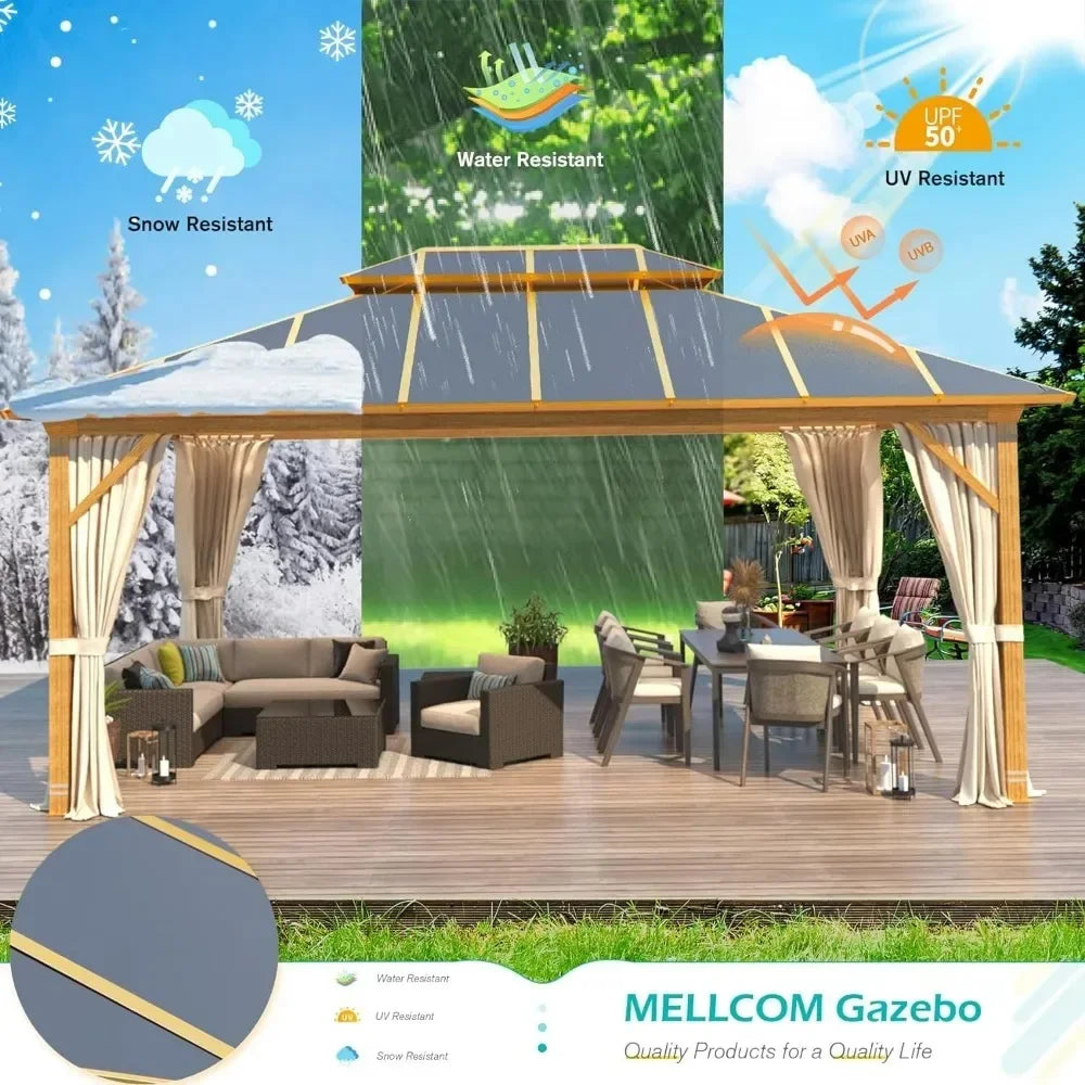 Coated Aluminum Patio Gazebo 12x16FT Hardtop Double Roof with Curtains and Netting Included Canopy for Short Term Rental