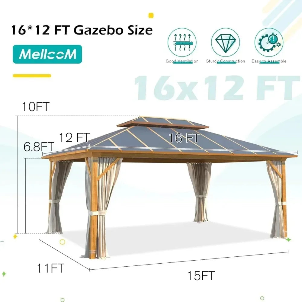 Coated Aluminum Patio Gazebo 12x16FT Hardtop Double Roof with Curtains and Netting Included Canopy for Short Term Rental