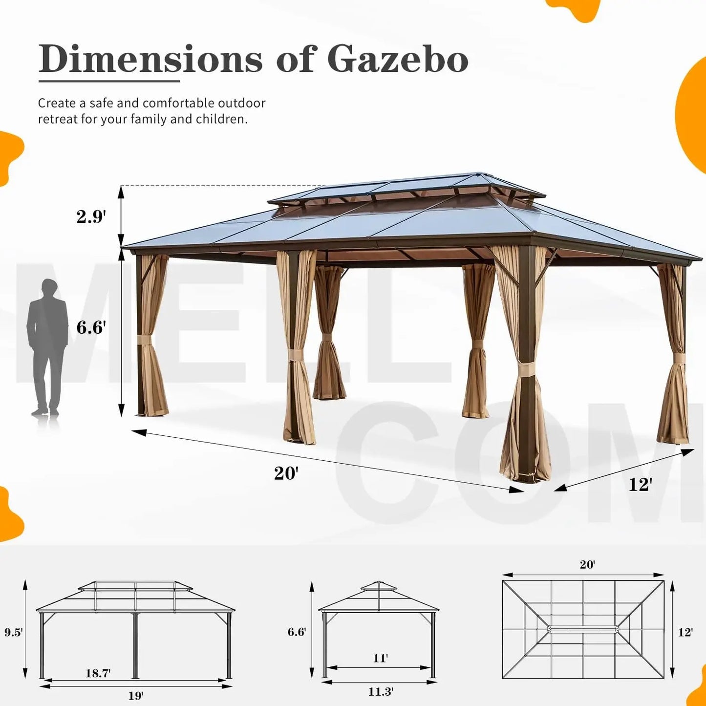 Double Roof Hardtop Gazebo 12 x 20ft Polycarbonate Aluminum Outdoor Waterproof Canopy with Netting Perfect for Backyard Patio Deck